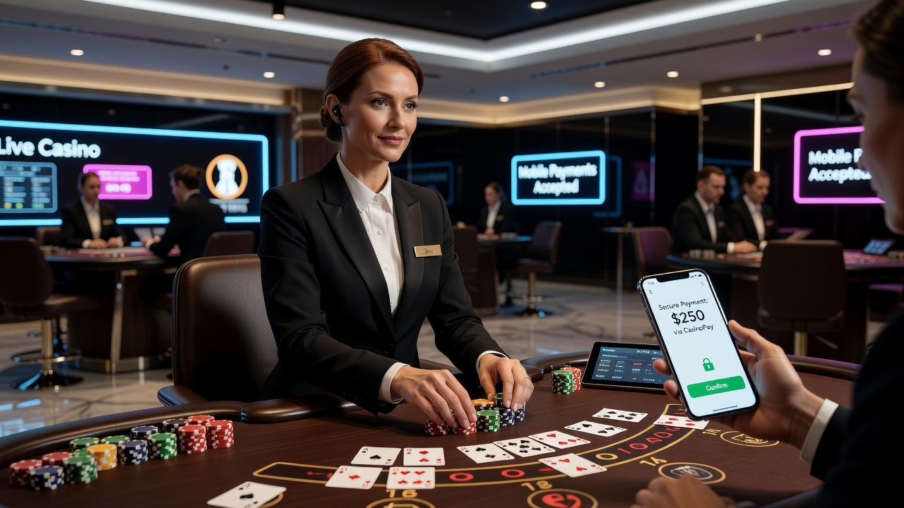 Mobile Zahlungsschnittstelle auf einem Smartphone während eines Live-Casino-Spiels mit Dealer im Hintergrund